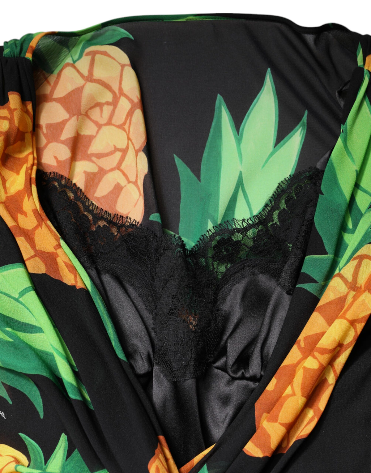 Black Silk Pineapple Draped Print Wrap Dress