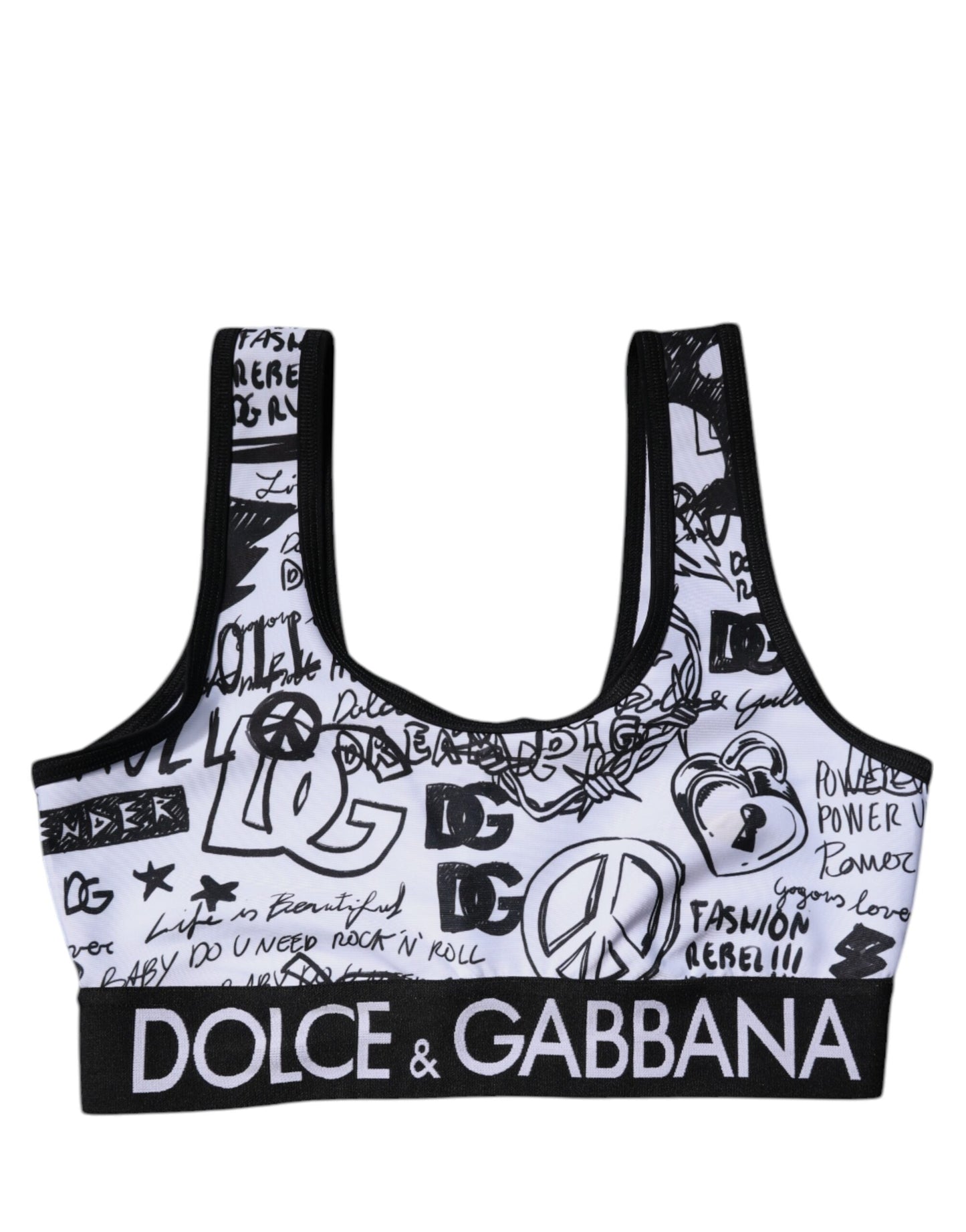White Graffiti Print Logo Band Sports Bra Top