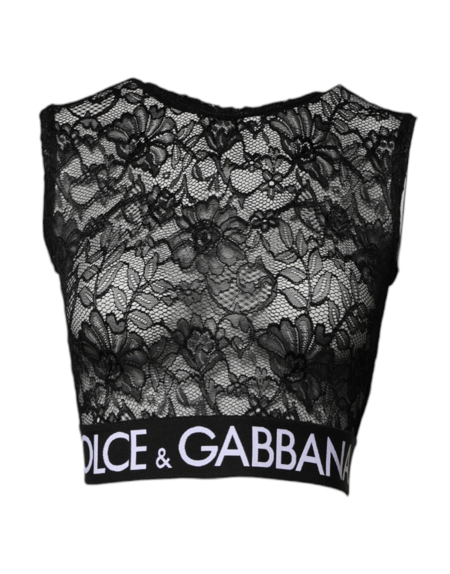 Black Nylon Floral Lace Sleeveless Crop Top
