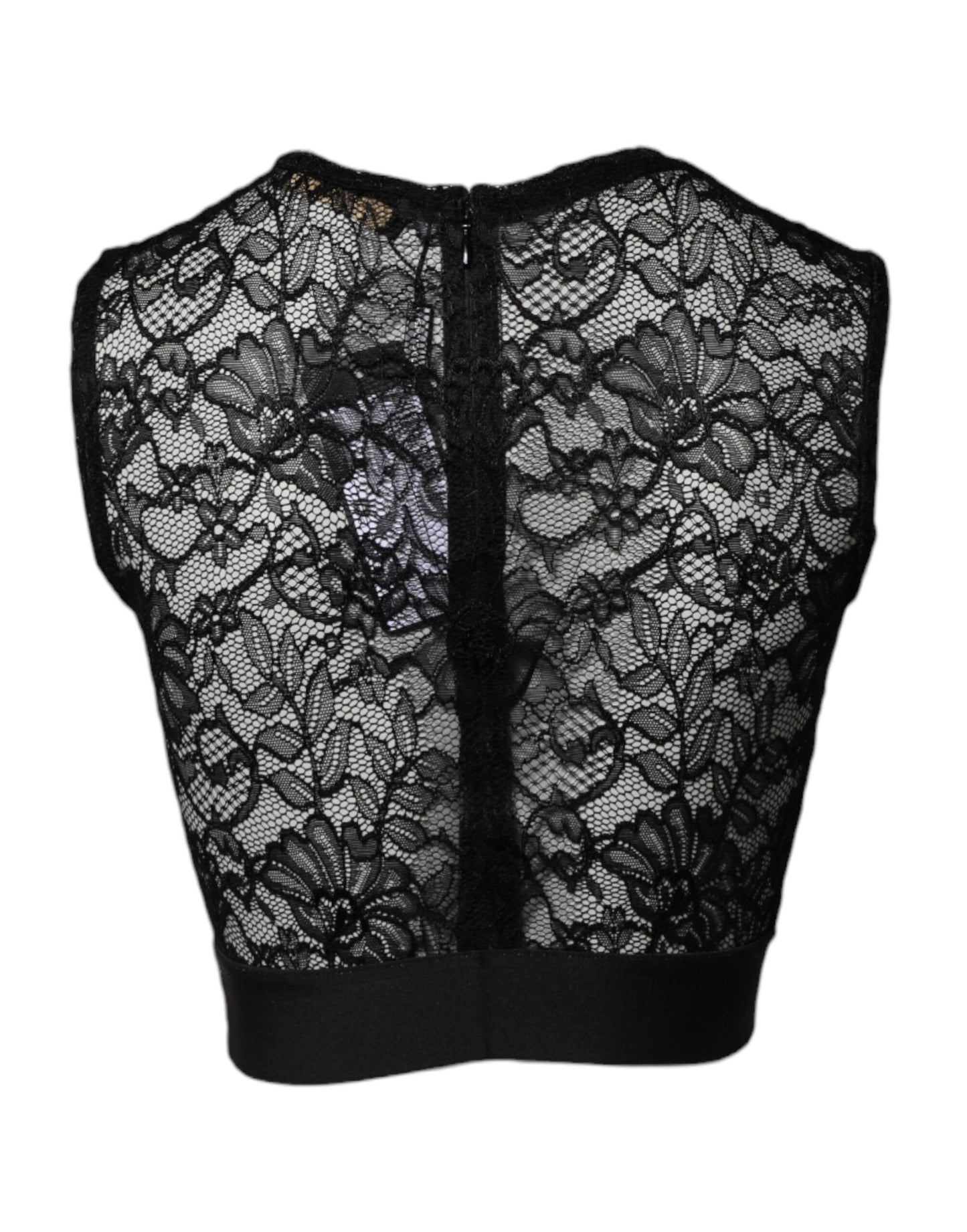 Black Nylon Floral Lace Sleeveless Crop Top