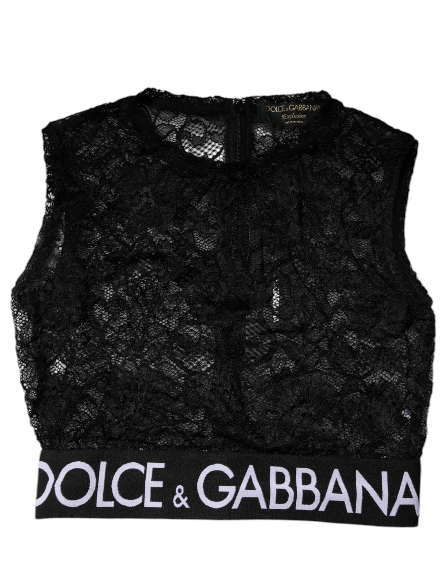 Black Nylon Floral Lace Sleeveless Crop Top