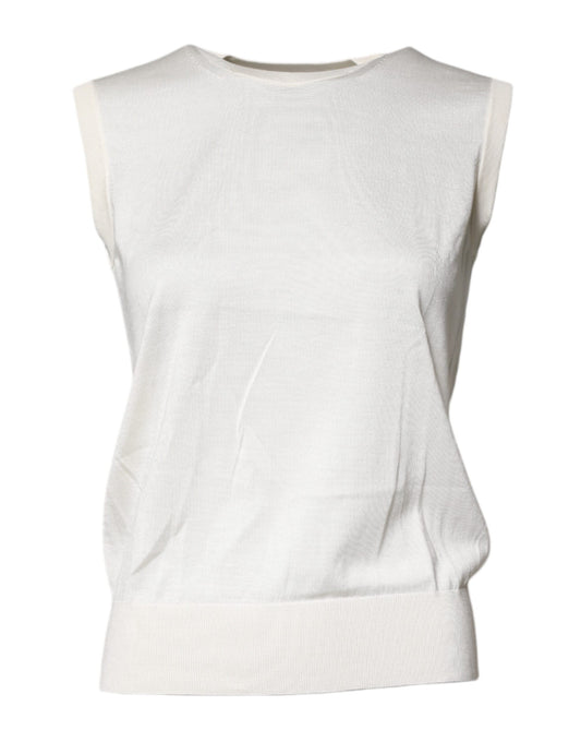 Cream Sleeveless Silk Round Neck Tank Top