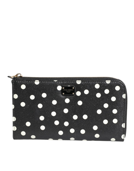 Black White Dotted Leather Zip Around Continental Wallet
