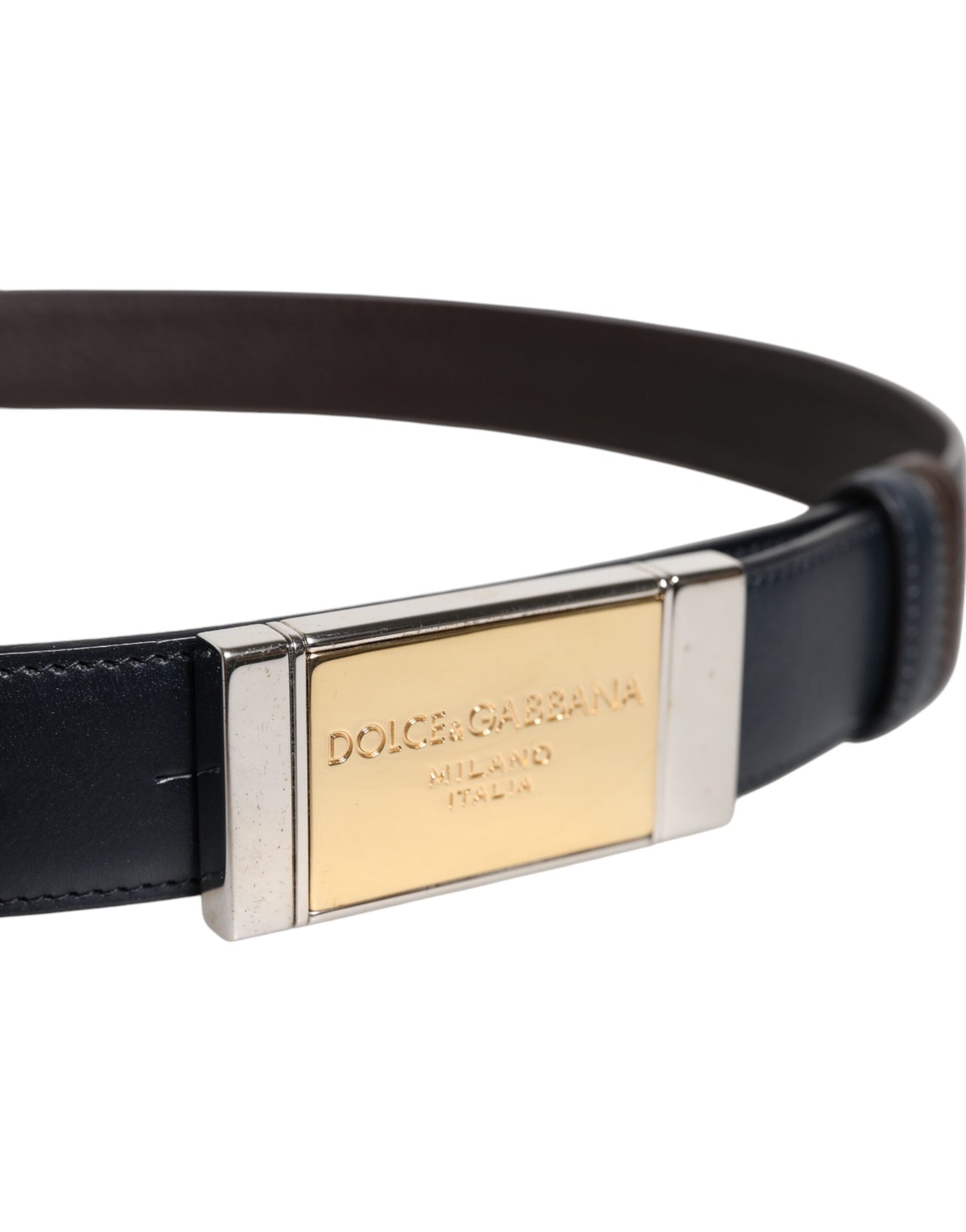 Blue Brown Leather Buckle Reversible Belt