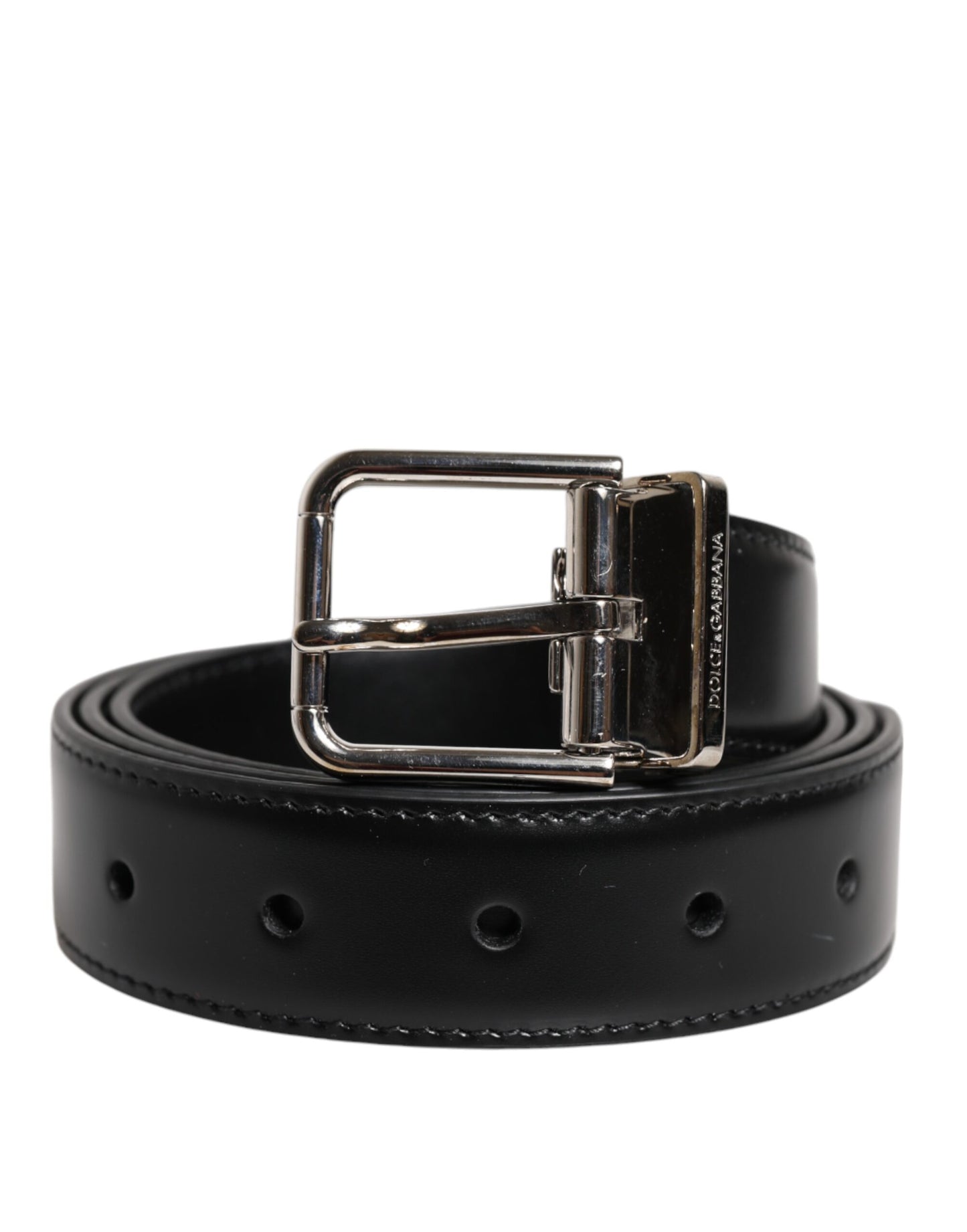 Black Calf Leather Silver Metal Buckle Belt