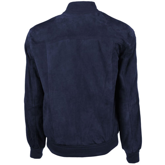 Blue Calfskin Men Bomber Jacket
