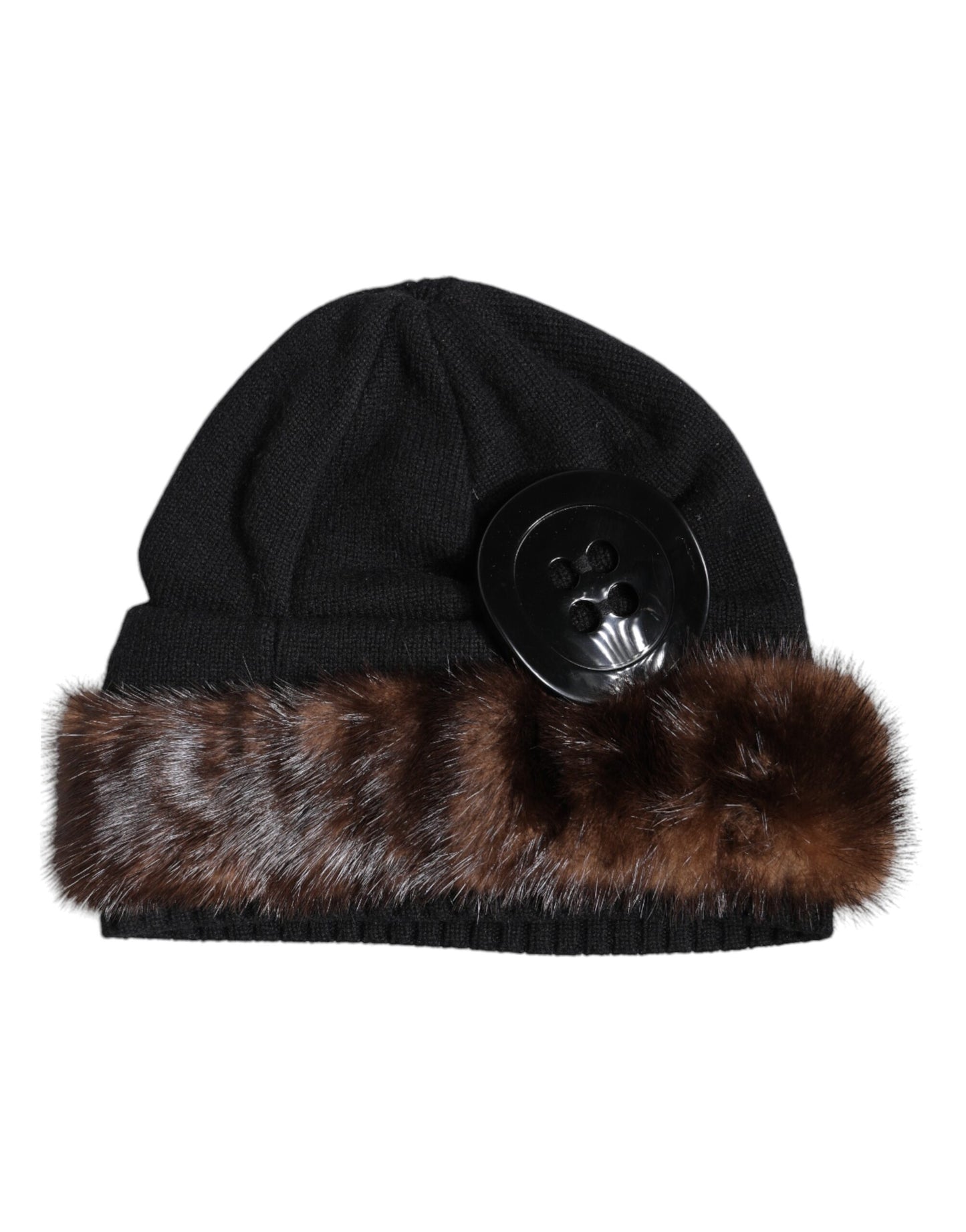 Black Fur Embellish Knitted Winter Beanie Hat