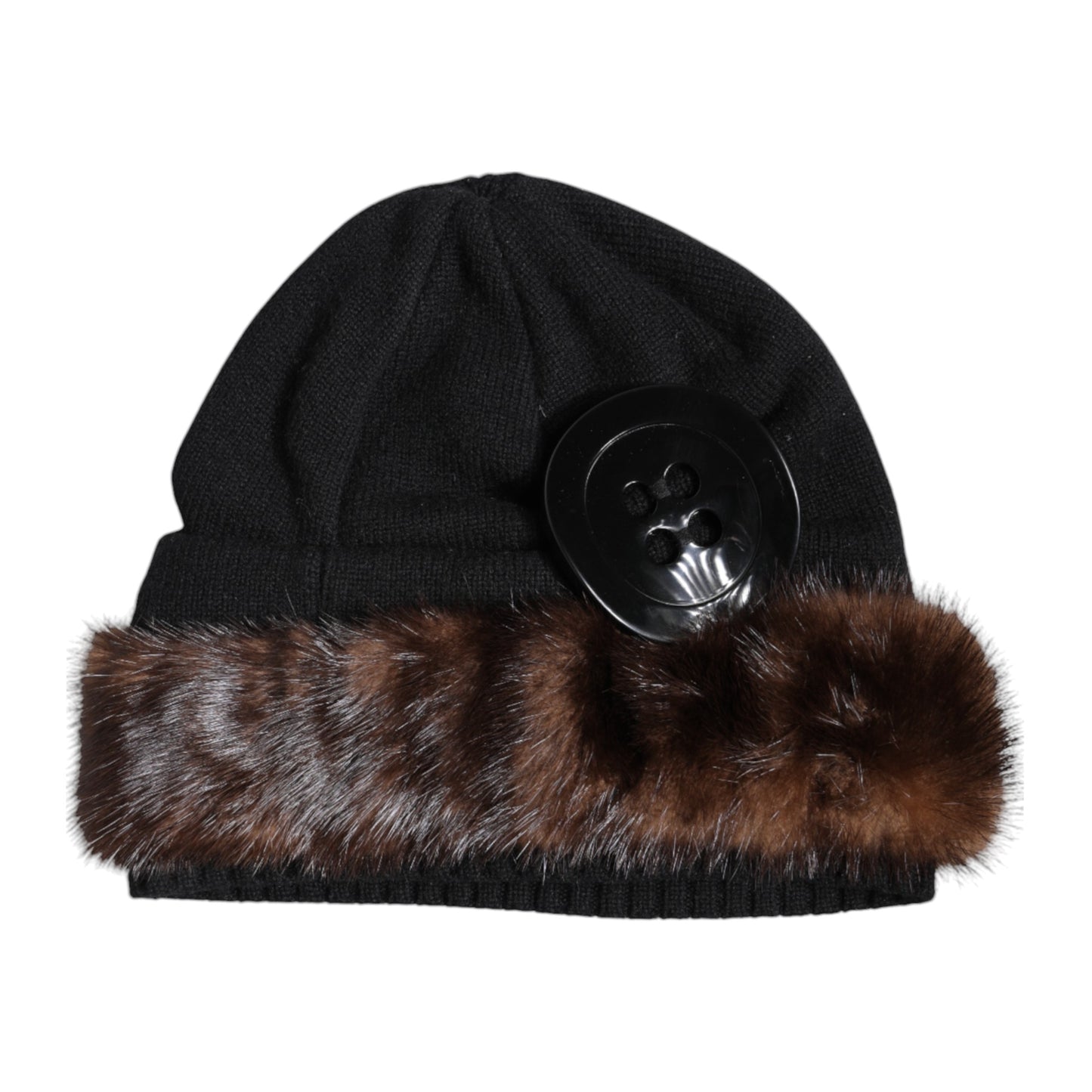 Black Fur Embellish Knitted Winter Beanie Hat