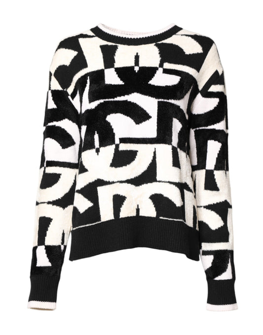 White Black Logo Print Women Pullover Sweater