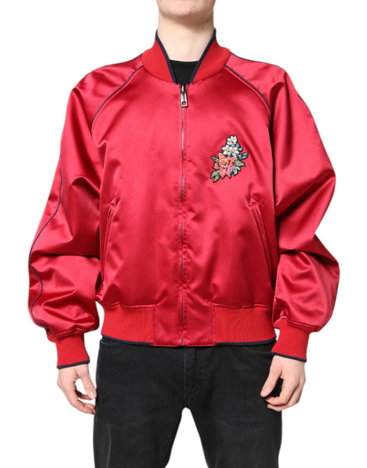 Red Floral Patch Full Zip Men Bomber Jacket