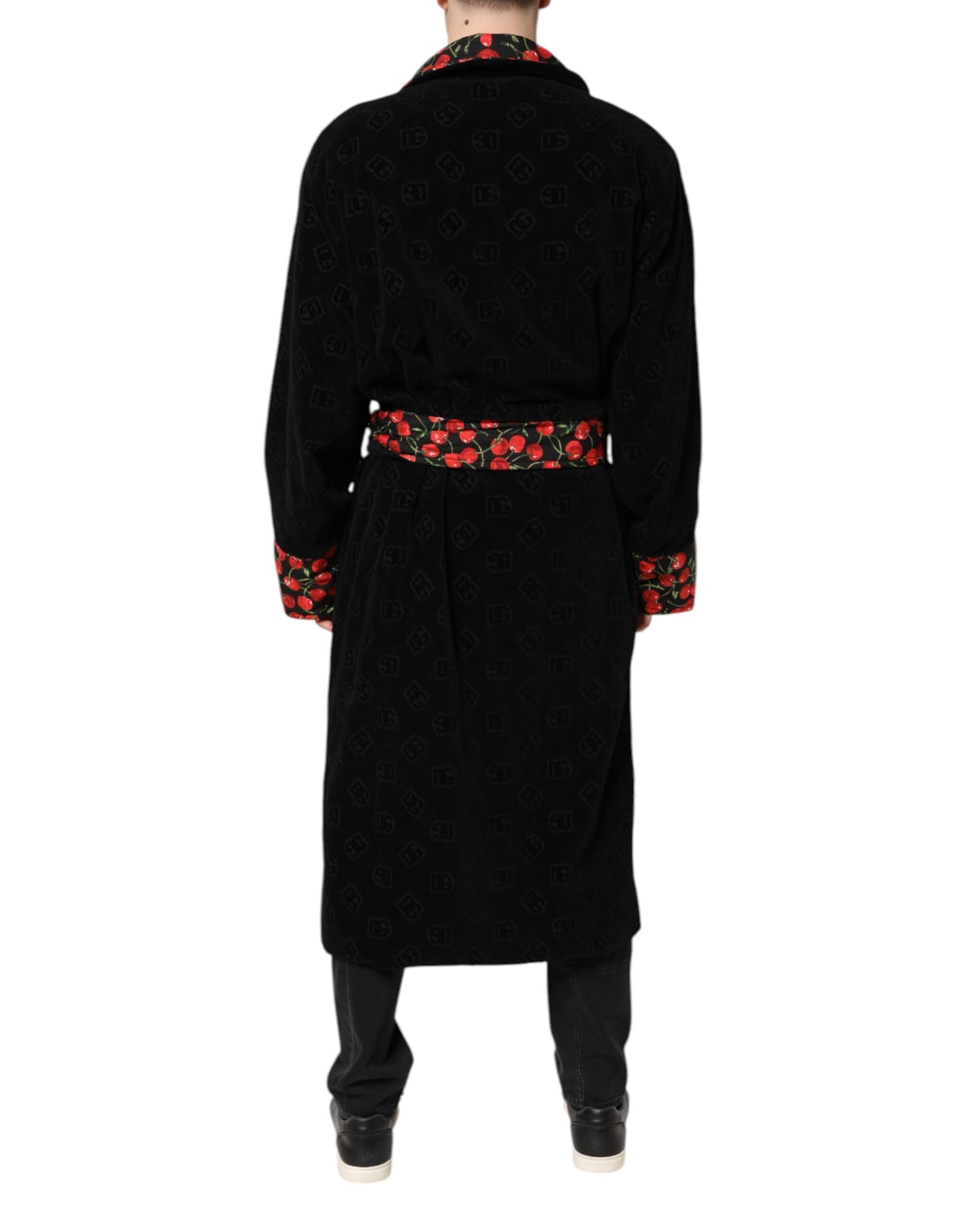 Black Cherry Print Wrap Robe Men Coat Jacket