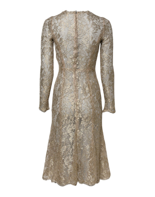 Gold Floral Lace Long Sleeves Fit & Flare Dress