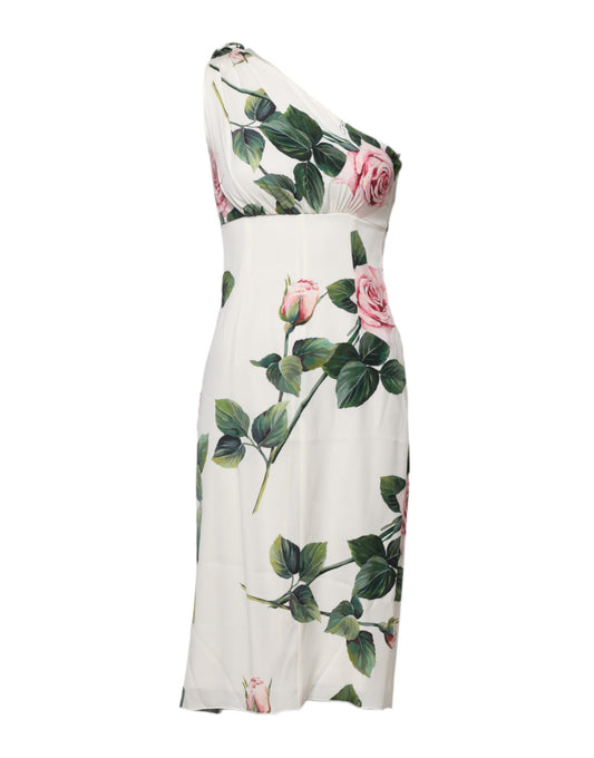 White Floral One Shoulder Sheath Midi Dress