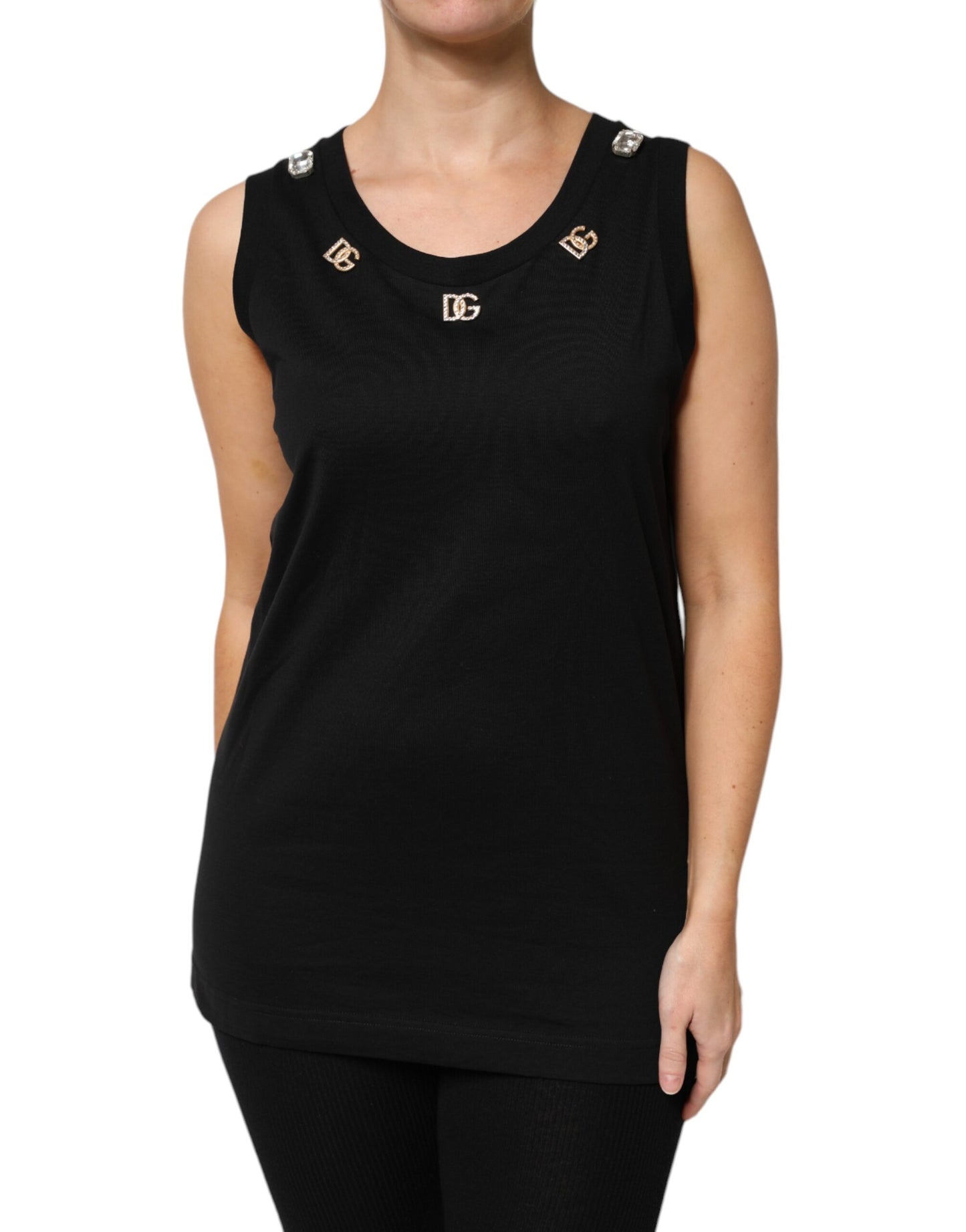 Black DG Embellished Sleeveless Tank Top