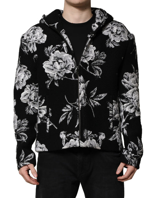 Black Wool Floral Printed Men Hooded Jacket