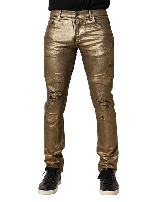 Gold Tattered Cotton Stretch Slim Denim Jeans