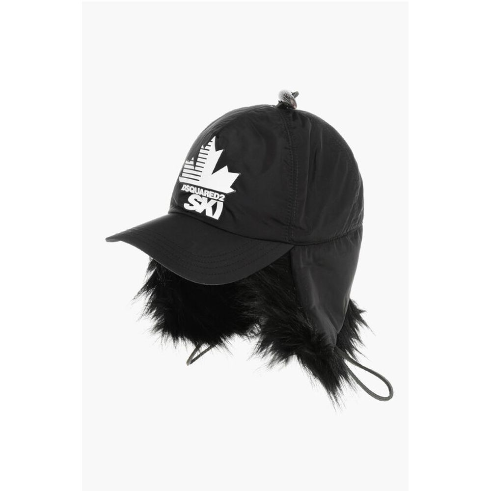 SKI Solid Color Cap with Contrasting Logo and Faux Fur Detai