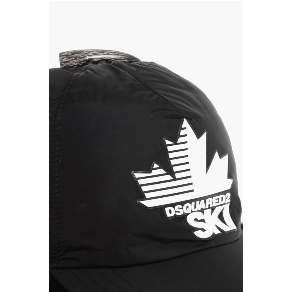 SKI Solid Color Cap with Contrasting Logo and Faux Fur Detai
