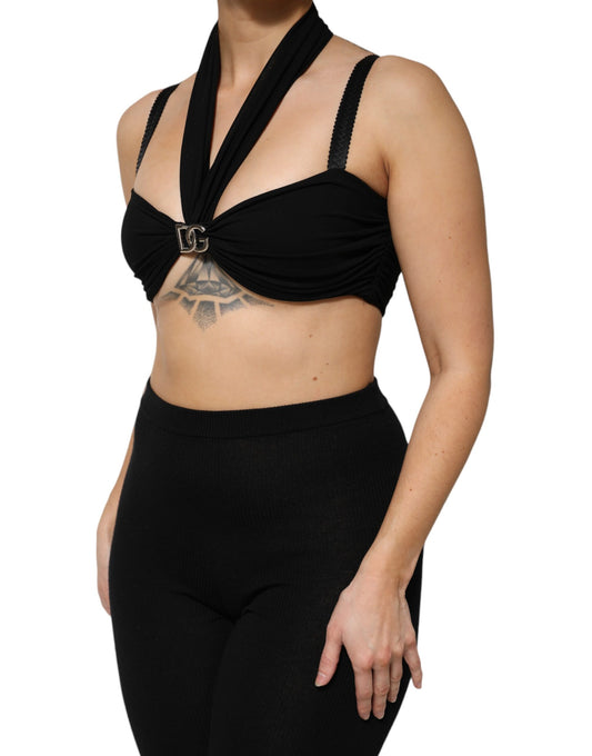 Black Cropped Viscose Halter Bustier Top