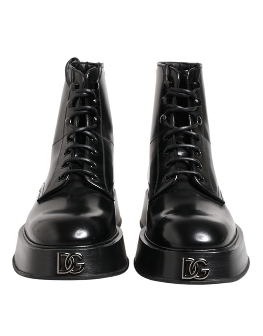 Black Leather Logo Ankle Boots Lace Up Shoes