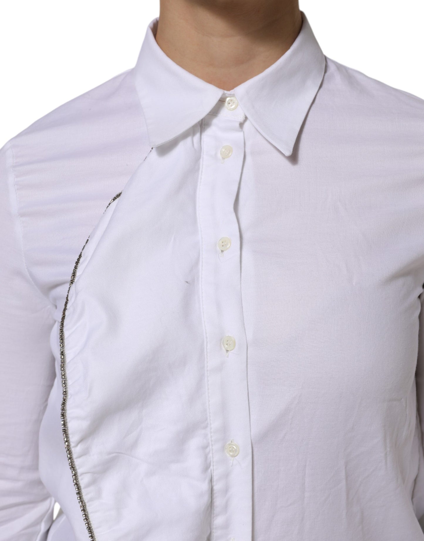 White Cotton Collared Long Sleeves Ruffle Top Shirt