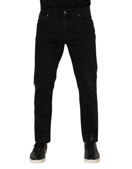 Black Cotton Logo Plaque Slim Fit Denim Jeans