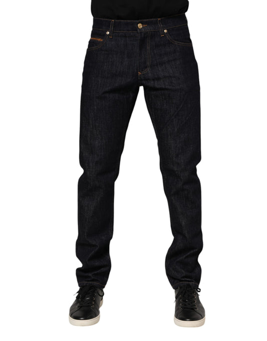 Dark Blue Cotton Logo Plaque Men Denim Jeans