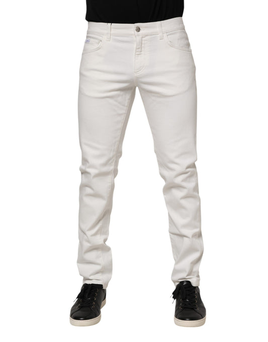 White Cotton Logo Plaque Slim Fit Denim Jeans