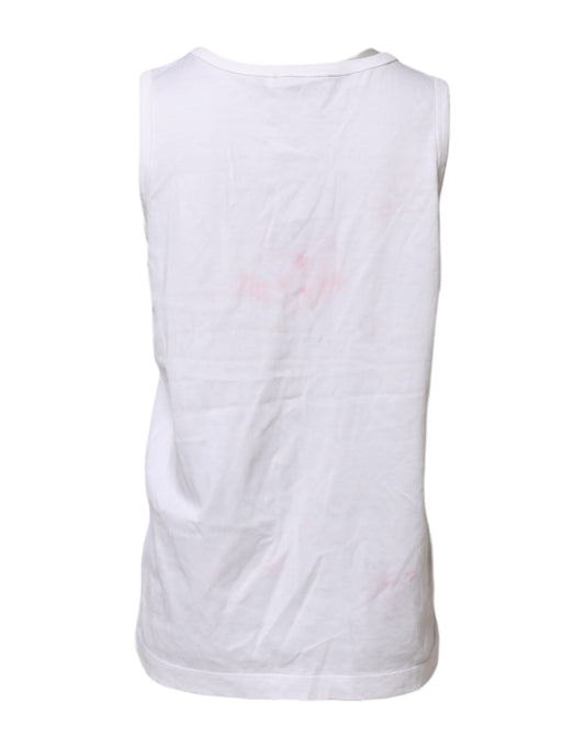 White Cotton Printed Sleeveless Round Neck Top