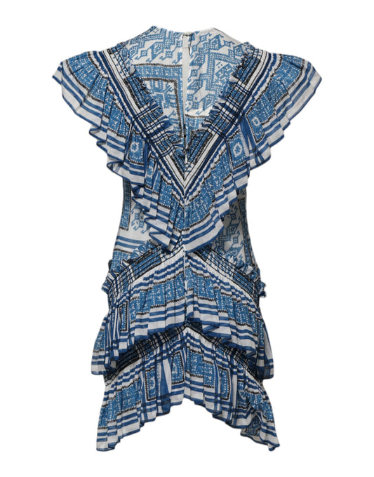 Blue Patterned Layered Short Sleeves Mini Dress