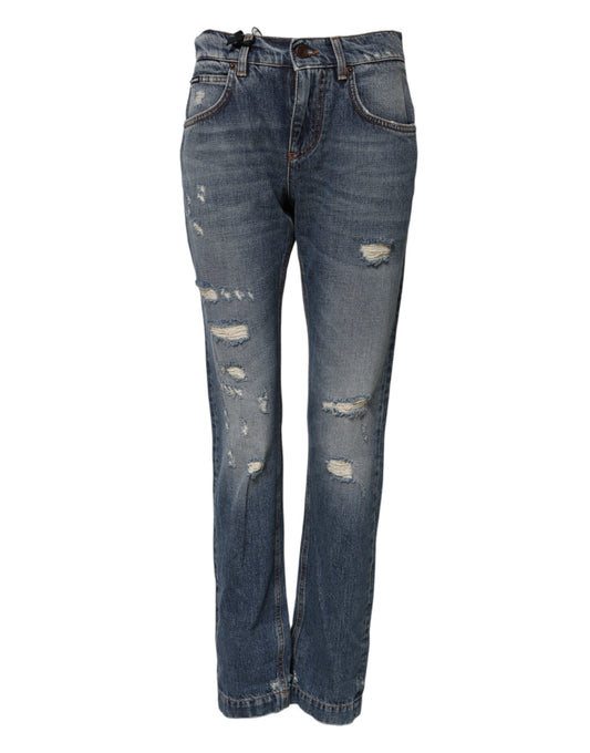 Blue Cotton Tattered Mid Waist Denim Jeans