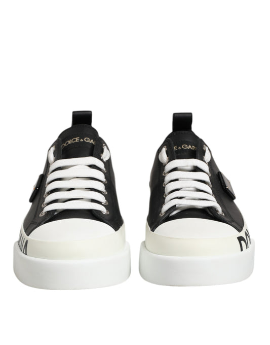 Black White Leather Low Top Sneakers Shoes