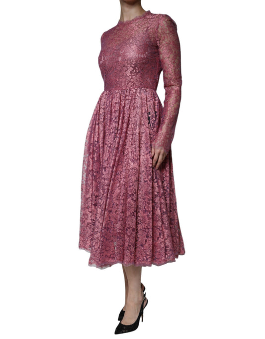 Pink Floral Lace Long Sleeve Midi Dress
