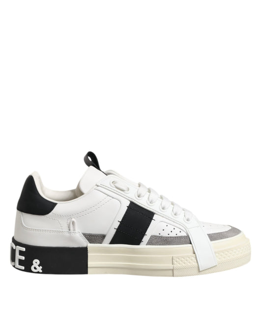 White Black Leather Low Top Sneakers Shoes
