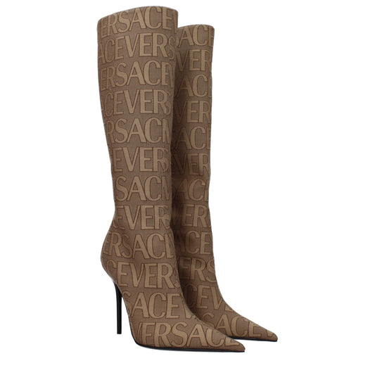 Beige Fabric High Heel Boots