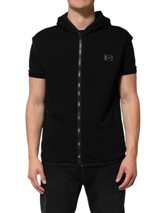 Black Sleeveless Hooded Logo Plaque Jacket
