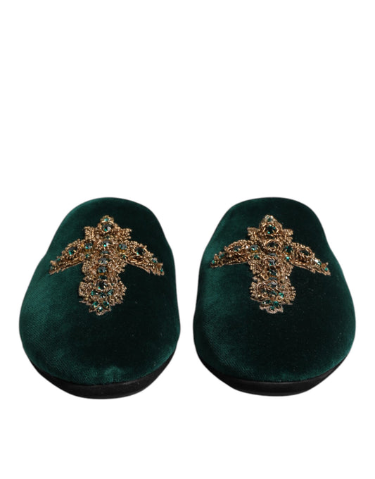 Green Velvet Cross Embellished Slippers Shoes