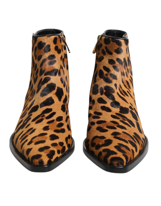 Brown Leopard Calf Fur Ankle Boots Shoes