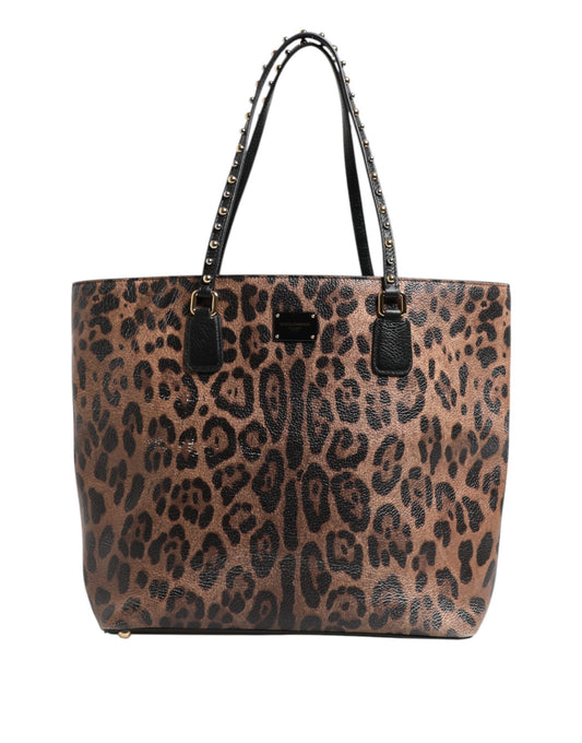 Brown Leopard GLAM Leather Logo Plaque Tote Bag