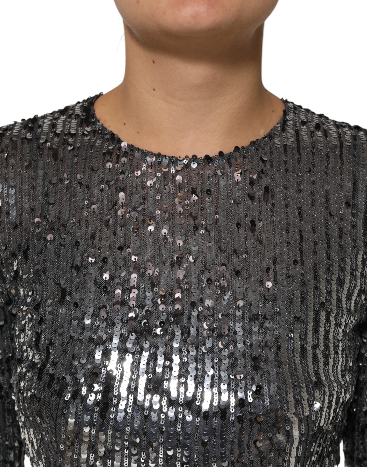 Black Sequined Long Sleeves Midi A-line Dress