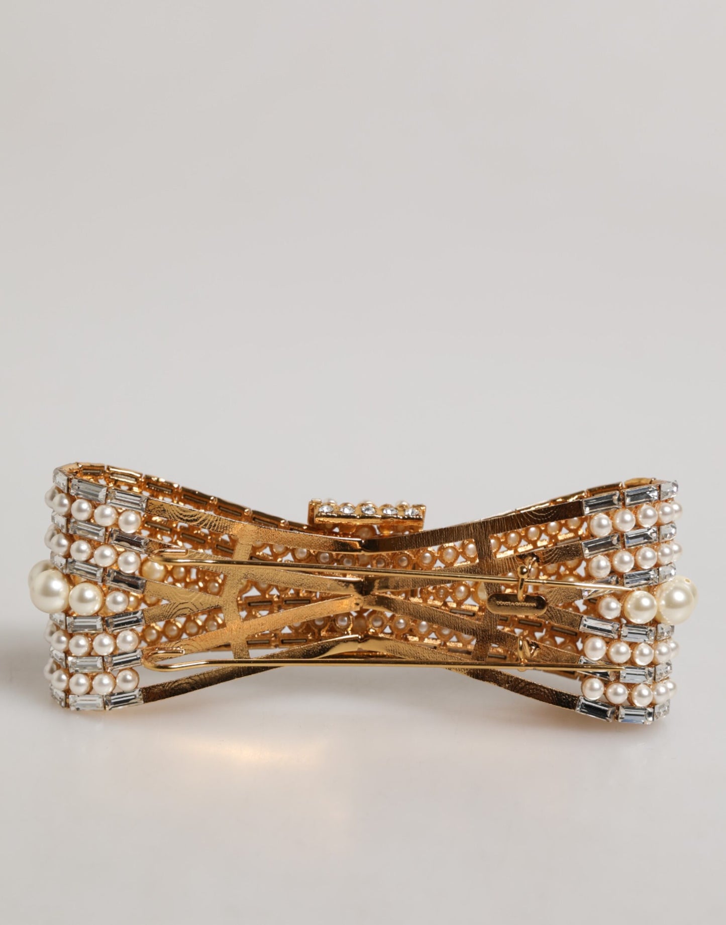 Gold Tone Brass Bow Crystal FauxPearl Embellished Brooch