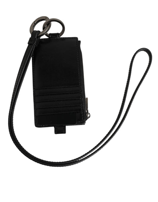 Black Leather Logo Embossed Lanyard Card Holder Wallet