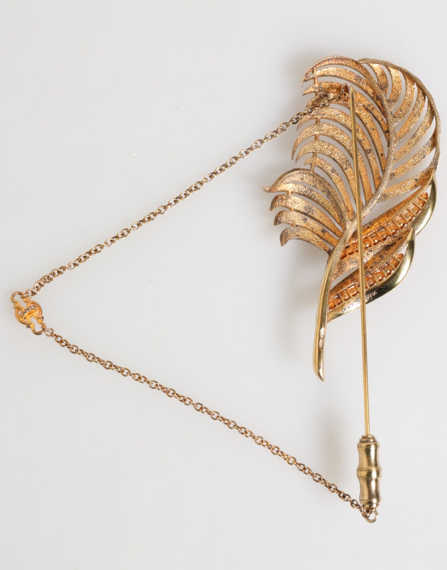 Gold Tone Leaf 925 Sterling Silver Crystal Chain Pin Brooch