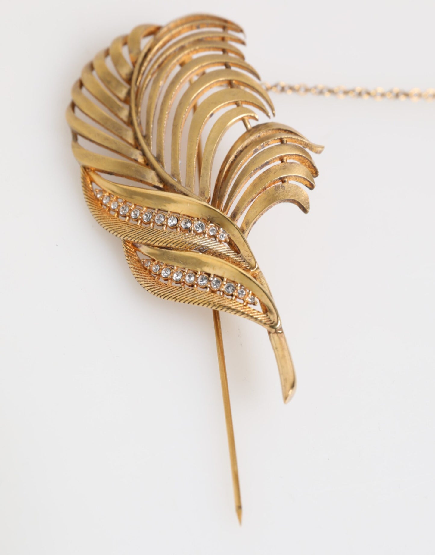 Gold Tone Leaf 925 Sterling Silver Crystal Chain Pin Brooch