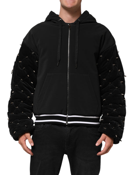 Black Cotton Quilted Studded Sleeve Hoodie Jacket