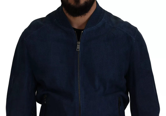Blue Leather Perforated Full Zip Jacket