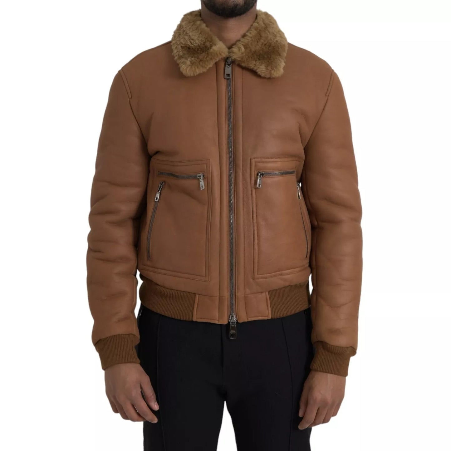 Brown Leather Fur Button Biker Coat Jacket