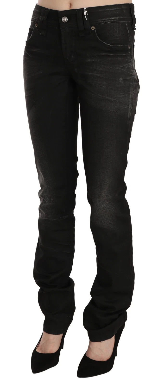 Black Washed Mid Waist Regular Leg Skinny Denim Jeans