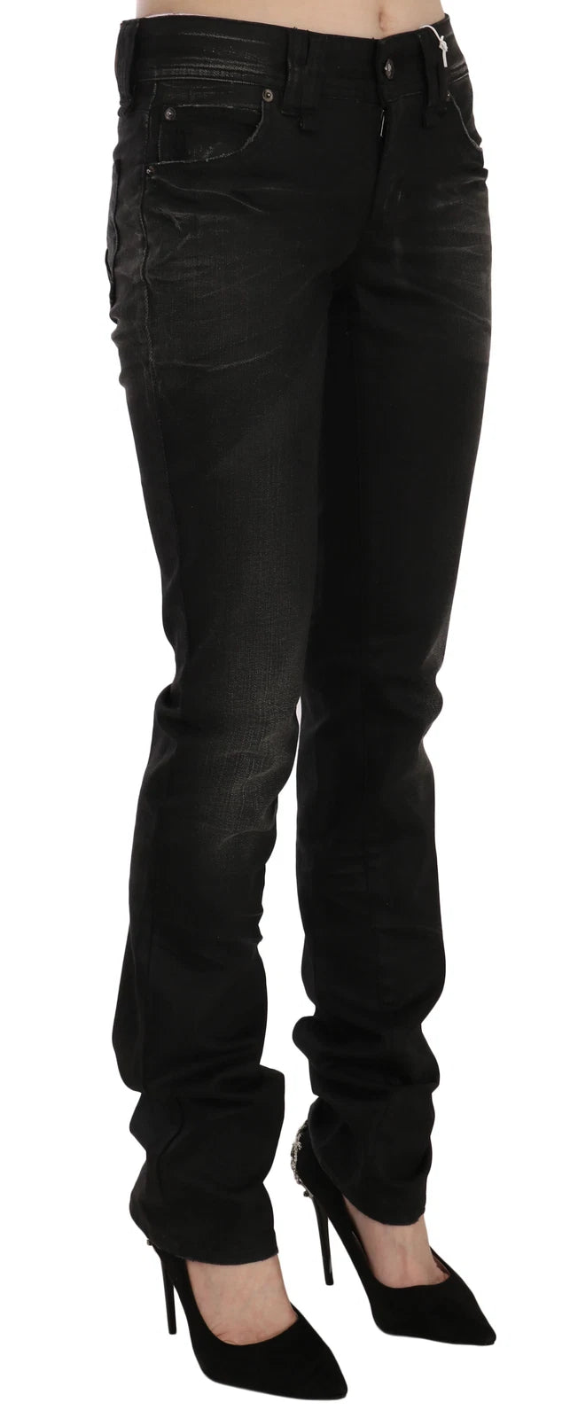 Black Washed Mid Waist Regular Leg Skinny Denim Jeans