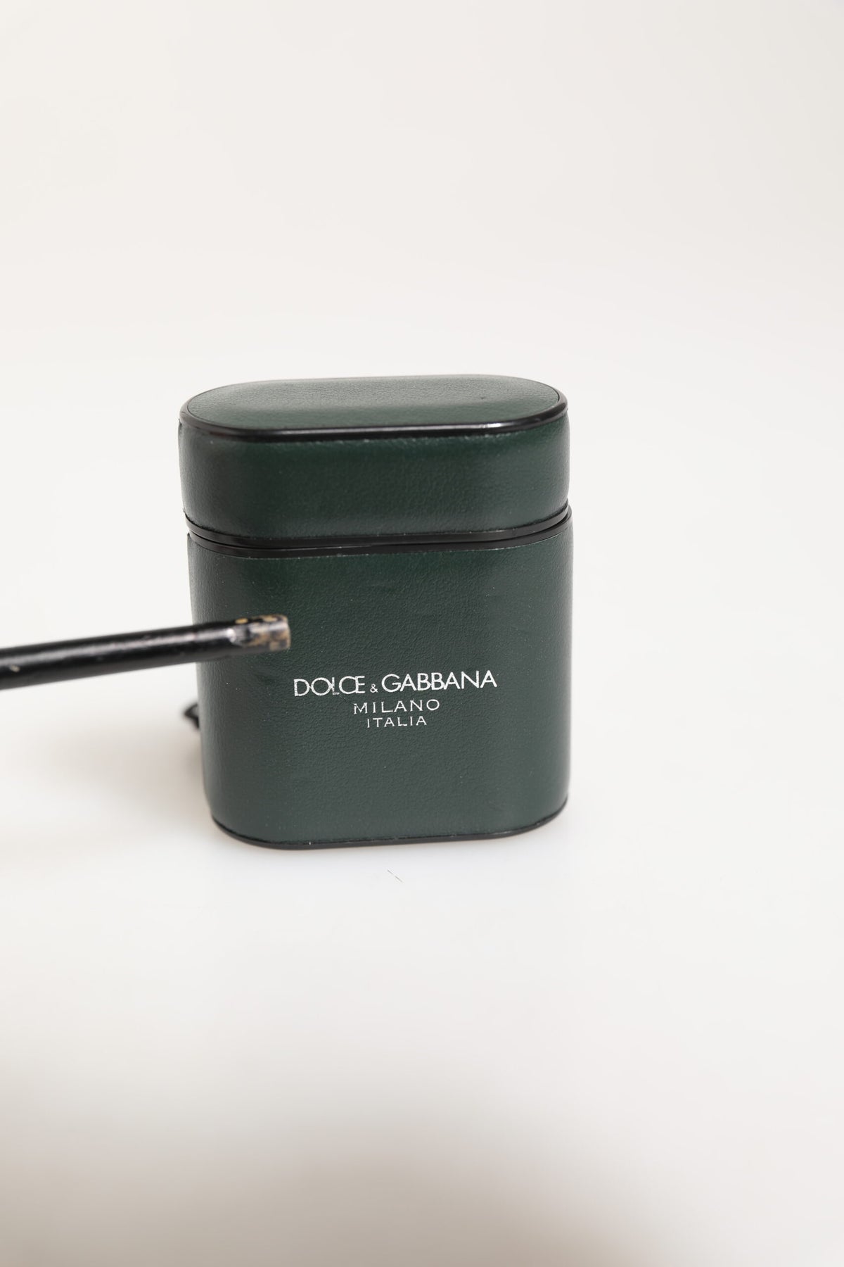 Army Green Calfskin Leather Logo Flip Holder Airpods Case